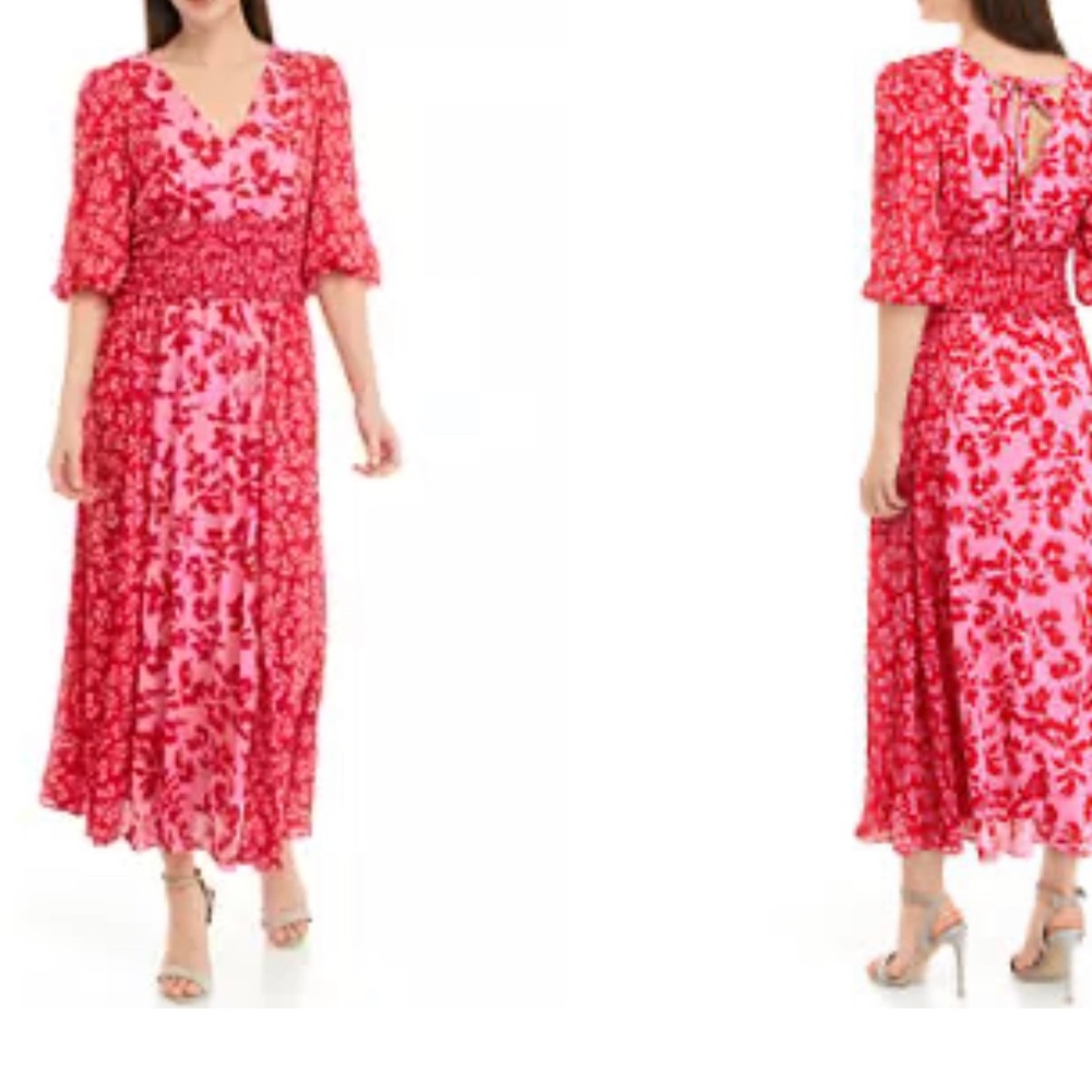 Brand New Taylor V-Neck Smock Waist Floral Print Fit and Flare Midi Dress